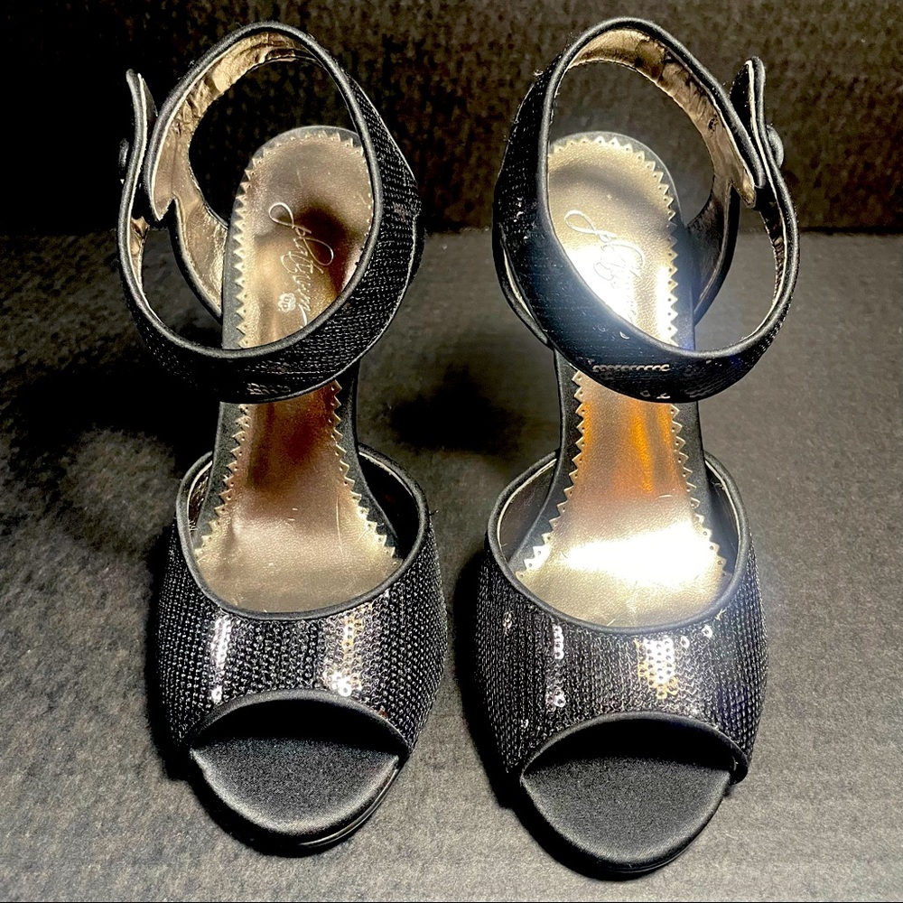 BNWT Premium Bp Black satin & sequins open toe strappy heeled sandals 5.5M TTS